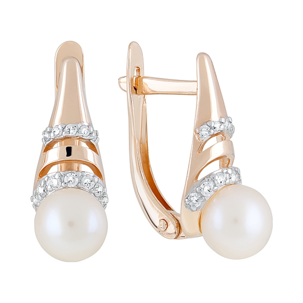 Золотые серьги с жемчугом и фианитом № 122249