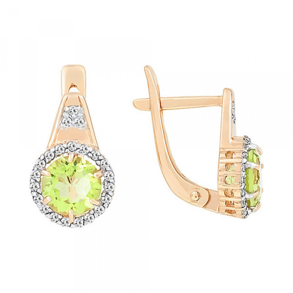 Золотые серьги с хризолитом и фианитом № 113223