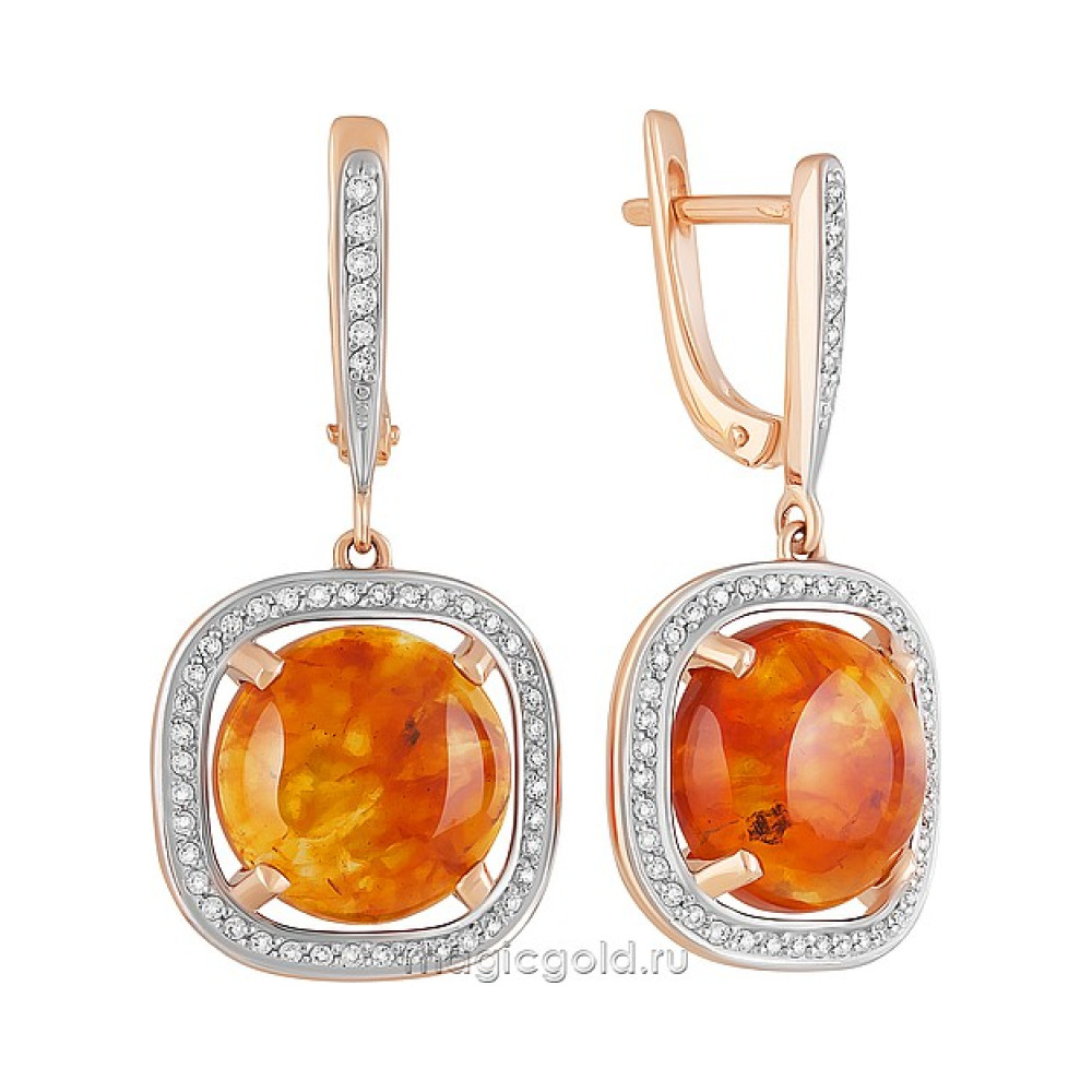 Золотые серьги с янтарем и фианитом № 160662