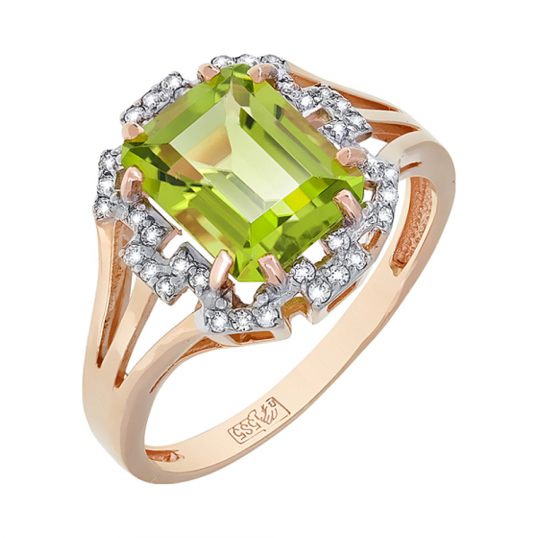 Золотое кольцо с хризолитом и фианитом № 118600