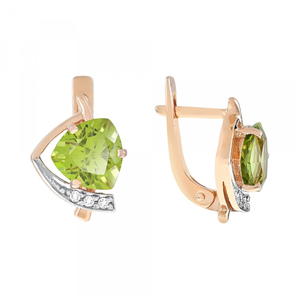 Золотые серьги с хризолитом и фианитом № 100953