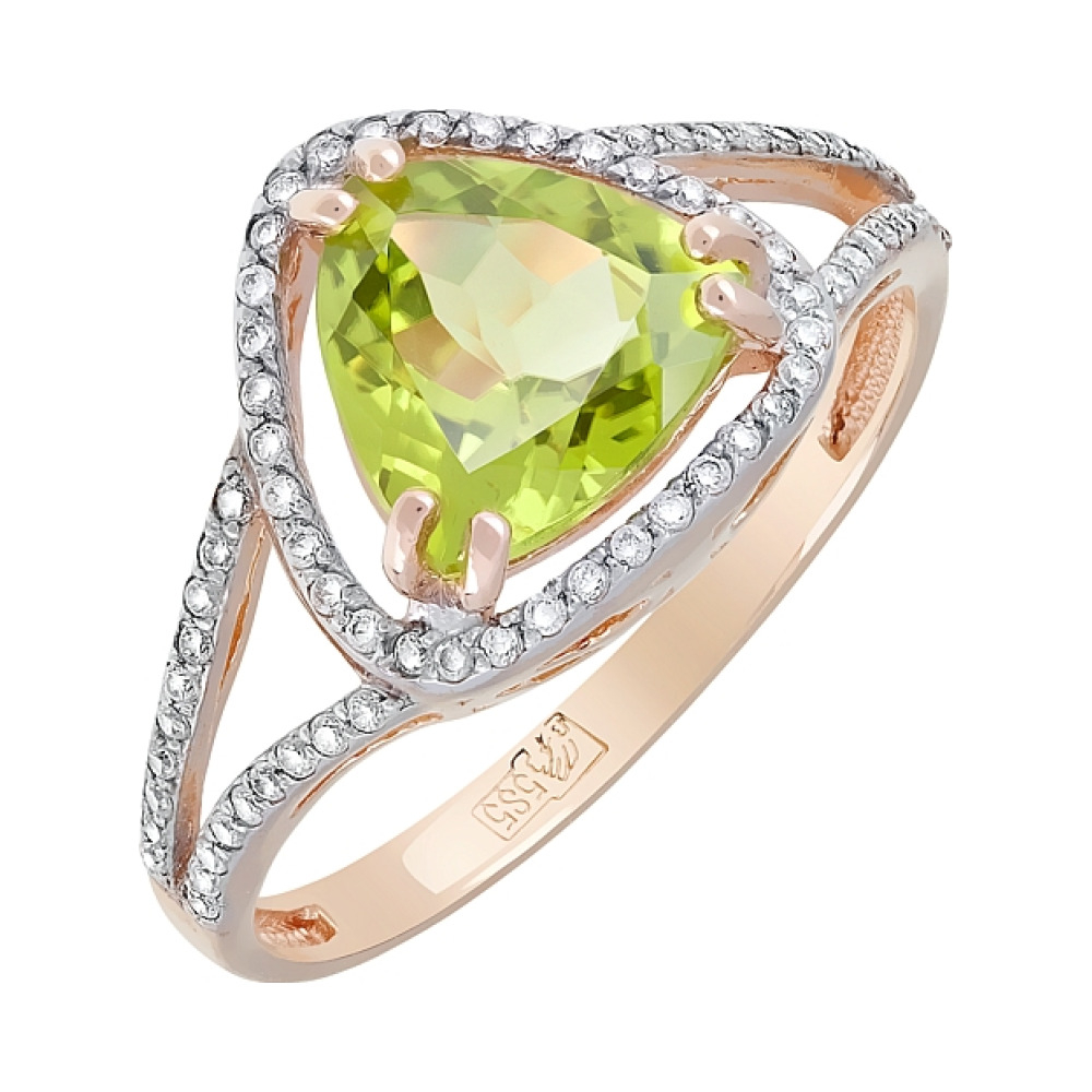 Золотое кольцо с хризолитом и фианитом № 119964