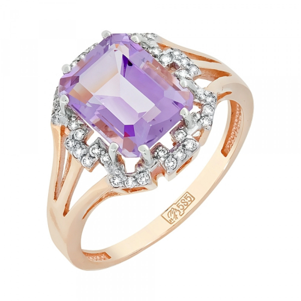 Золотое кольцо с аметистом и фианитом № 118599