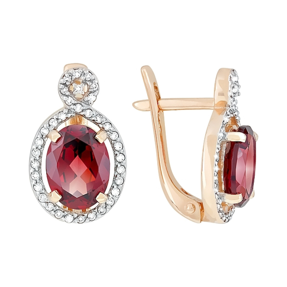 Золотые серьги с гранатом и фианитом № 118901