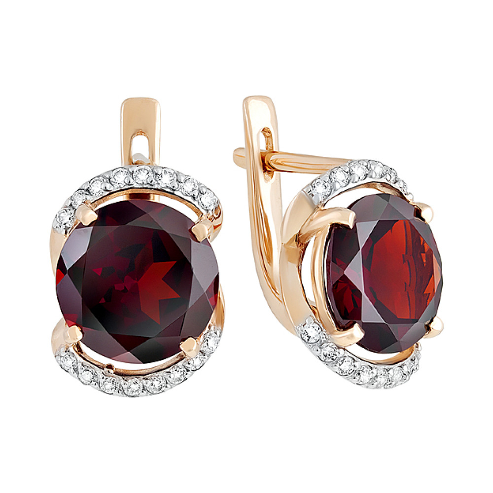 Золотые серьги с гранатом и фианитом № 128319