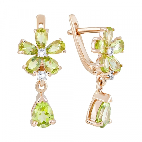 Золотые серьги с хризолитом и фианитом № 120828