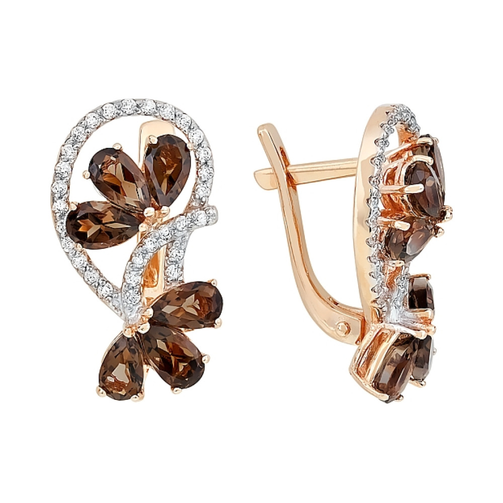 Золотые серьги с раухтопазом и фианитом № 106546