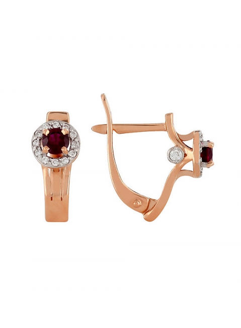 Золотые серьги с бриллиантом и рубином № 86052