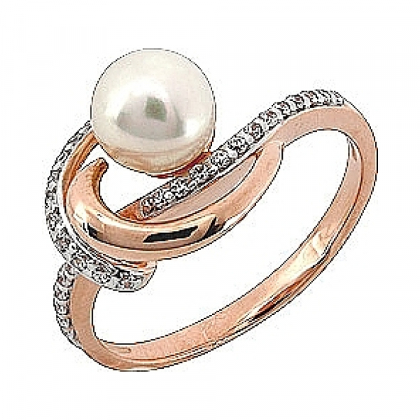 Золотое кольцо с жемчугом и фианитом № 73280