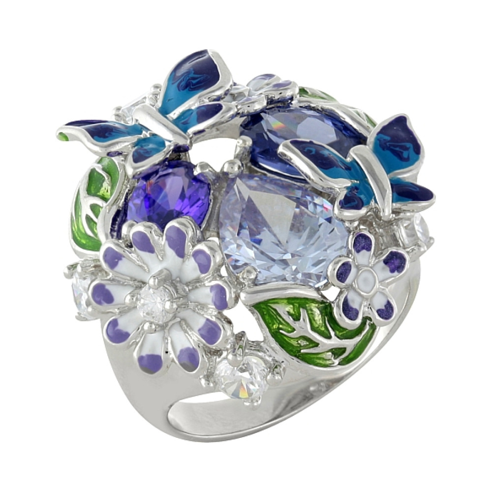 Серебряное кольцо с фианитом и эмалью № 99895