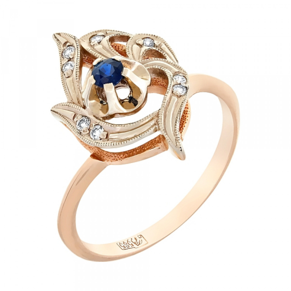 Золотое кольцо с бриллиантом и сапфиром № 30123