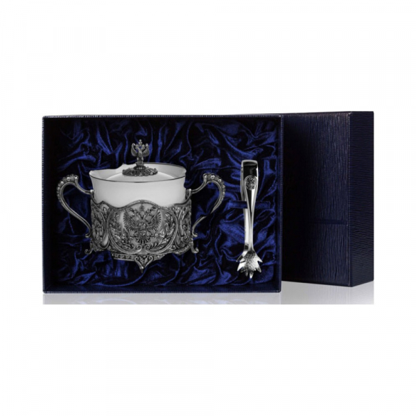 Набор серебряная сахарница «Герб» с чернением и щипцы для сахара