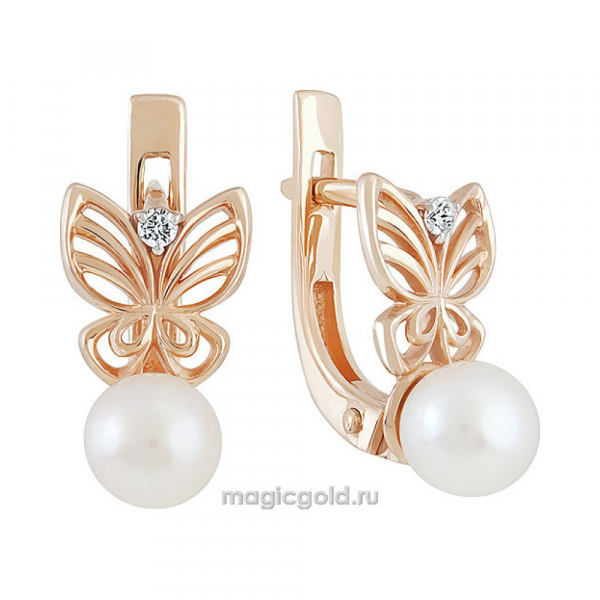 Золотые серьги с жемчугом и фианитом № 140669