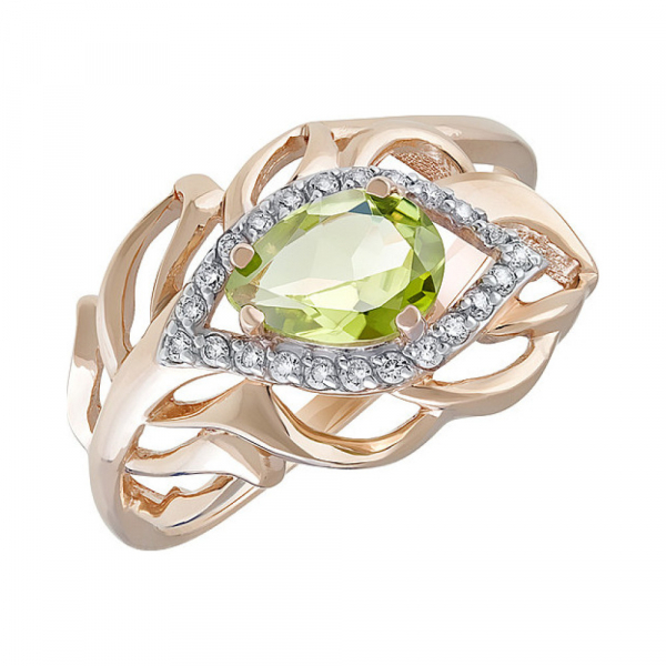 Золотое кольцо с хризолитом и фианитом № 121174