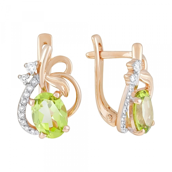 Золотые серьги с хризолитом и фианитом № 119292