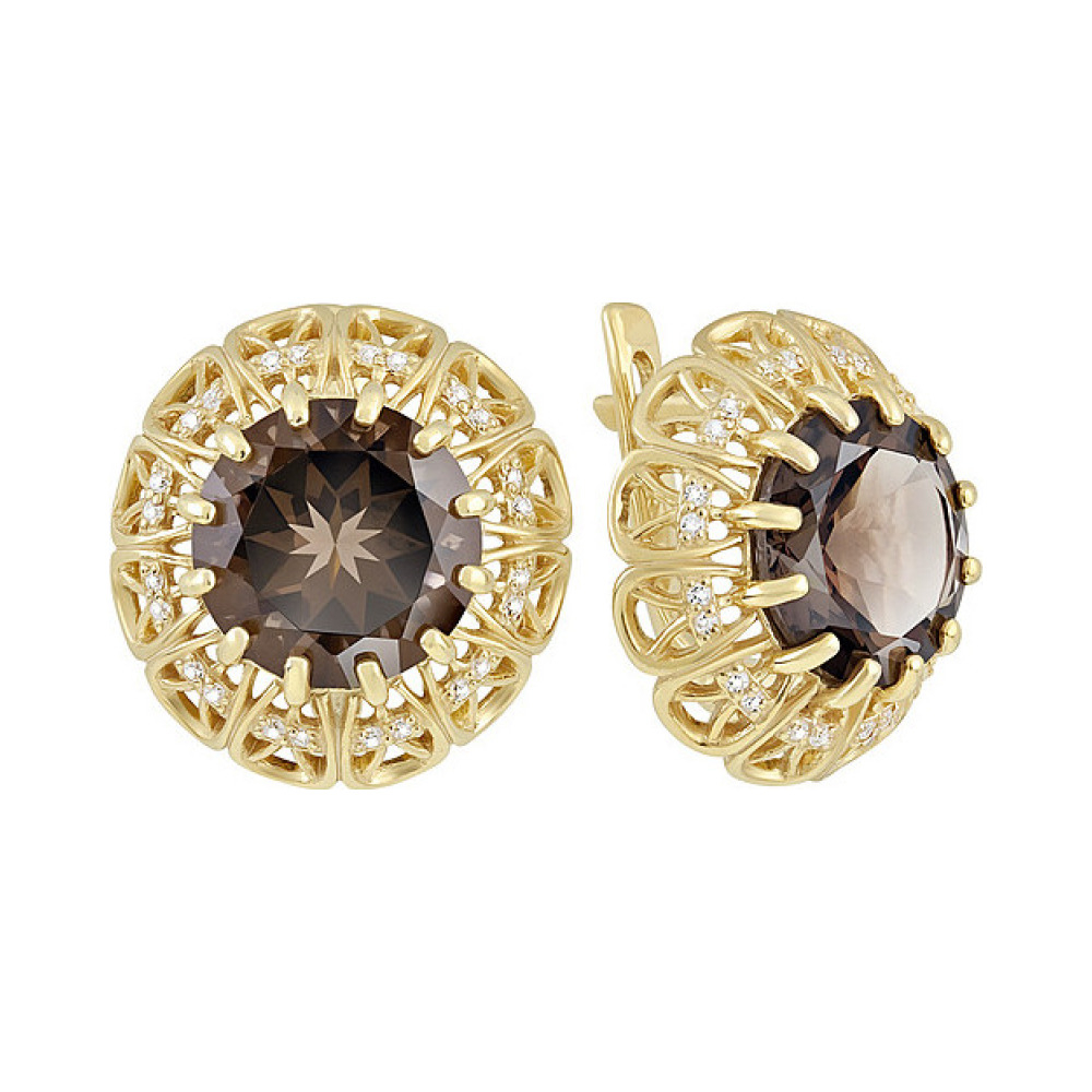 Серебряные серьги с раухтопазом, фианитом и золотым покрытием № 132640