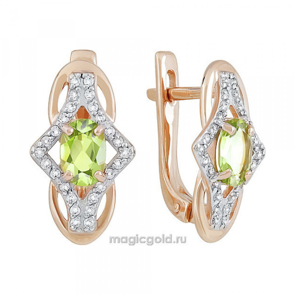 Золотые серьги с хризолитом и фианитом № 141402