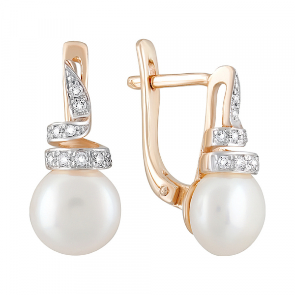 Золотые серьги с жемчугом и фианитом № 124125