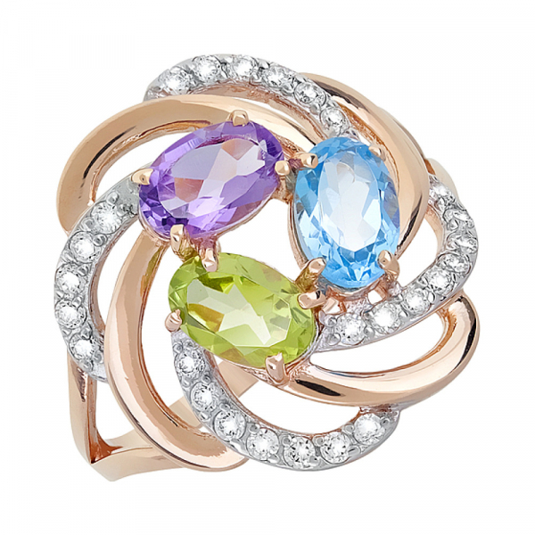 Золотое кольцо с полудрагоценными вставками и фианитом № 117673