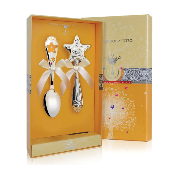 Набор для малышей КД Звезда: ложка и погремушка из серебра 925 пробы