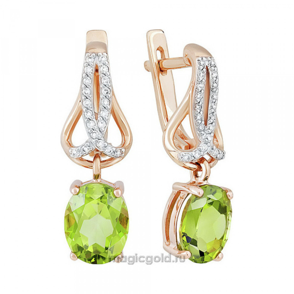 Золотые серьги с хризолитом и фианитом № 140057