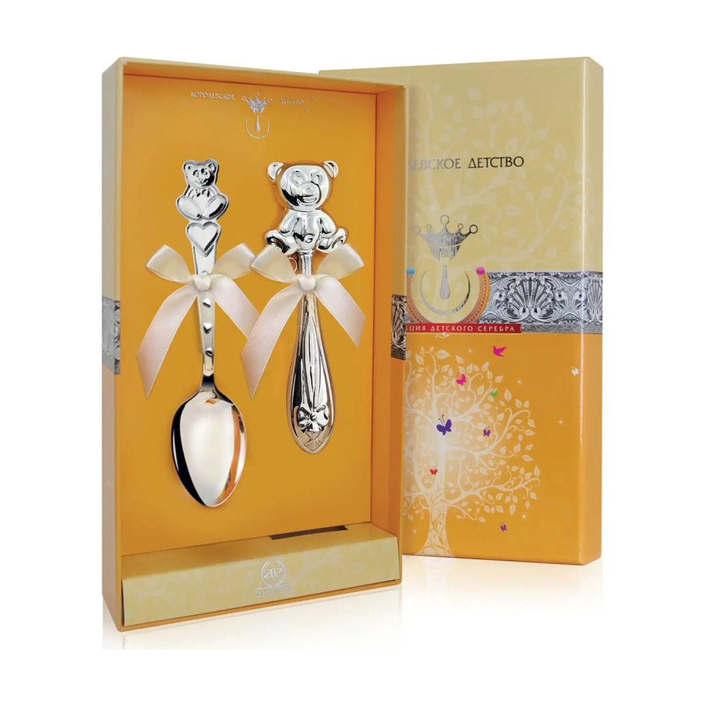 Набор для малышей Медвежонок: ложка и погремушка из серебра 925 пробы