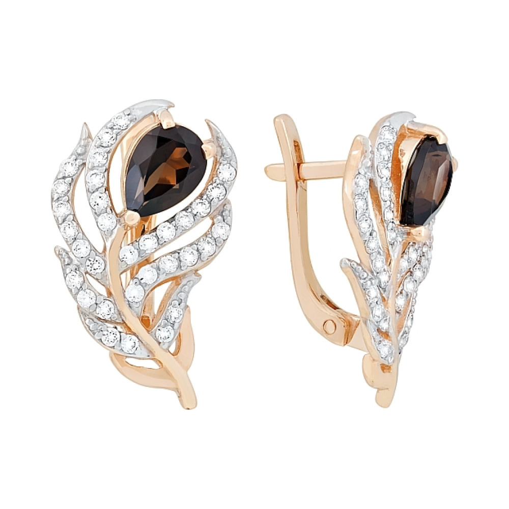 Золотые серьги с раухтопазом и фианитом № 117486