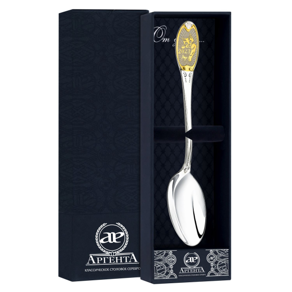 Ложка чайная с логотипом Кот с позолотой в футляре из серебра 925 пробы подарок на Новый Год