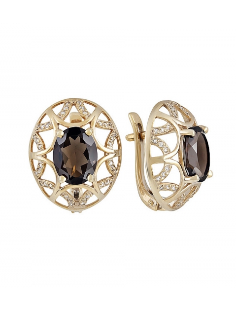 Серебряные серьги с раухтопазом, фианитом и золотым покрытием № 132632