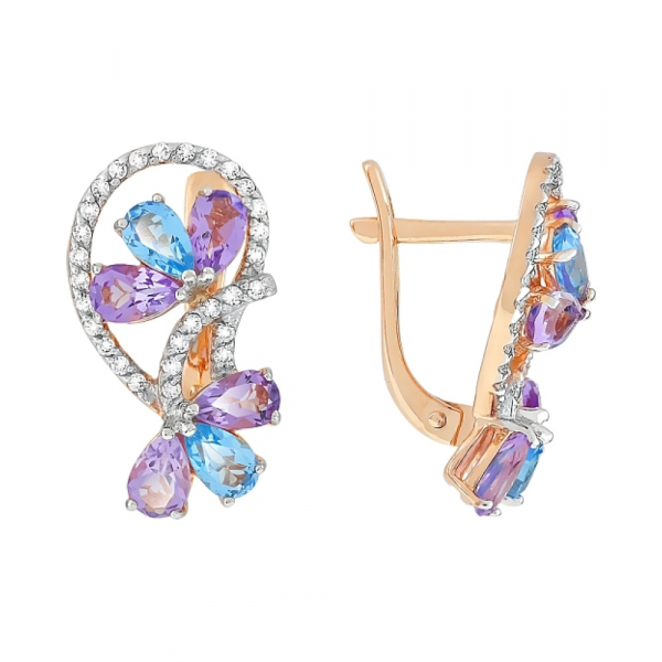 Золотые серьги с топазом, аметистом и фианитом № 112557
