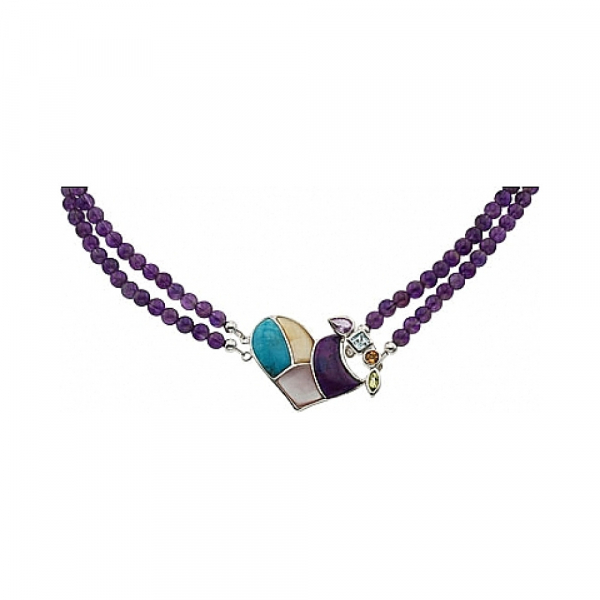 Серебряное колье с аметистом, перламутром, фианитом, бирюзой № 30534