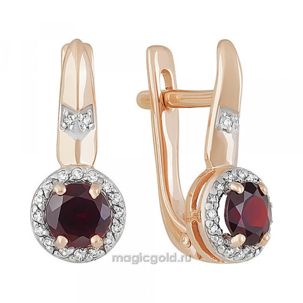 Золотые серьги с гранатом и фианитом № 141392