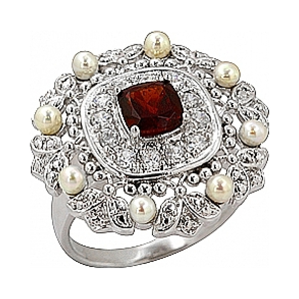 Серебряное кольцо с гранатом, фианитом и имитац. жемчуга № 70058