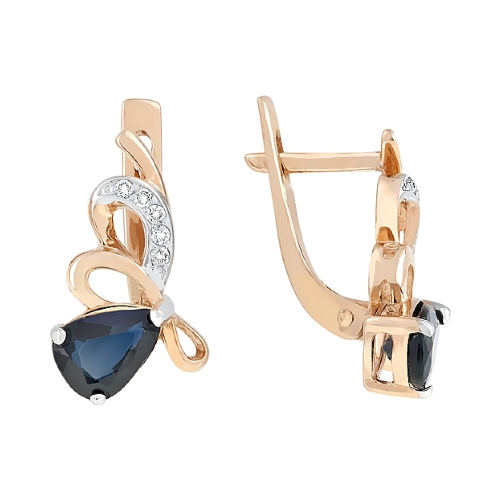 Золотые серьги с бриллиантом и сапфиром № 96907