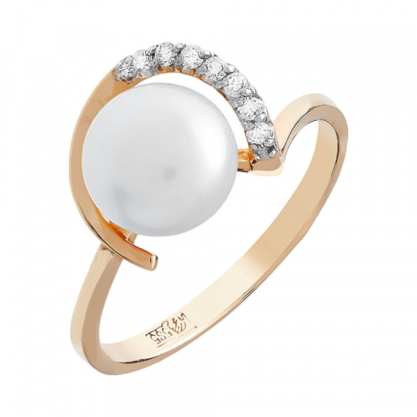 Золотое кольцо с бриллиантом и жемчугом № 96853