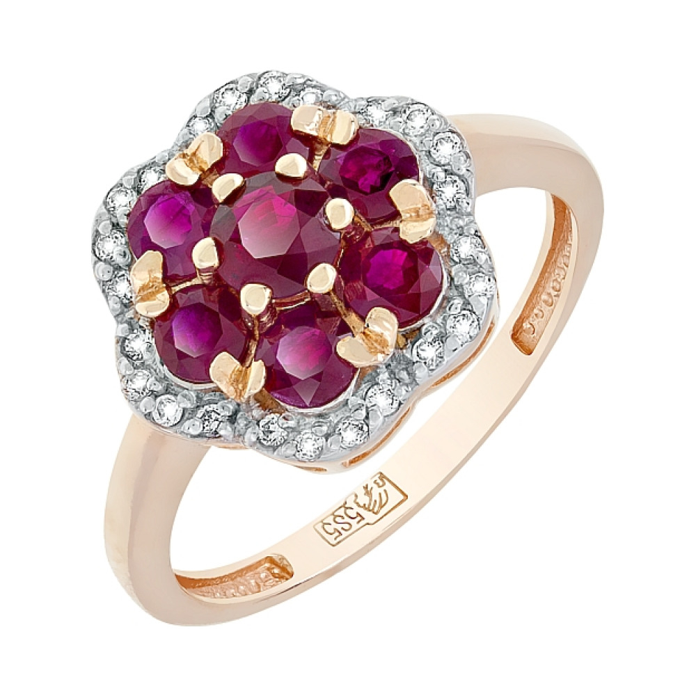 Золотое кольцо с рубином и фианитом № 116971