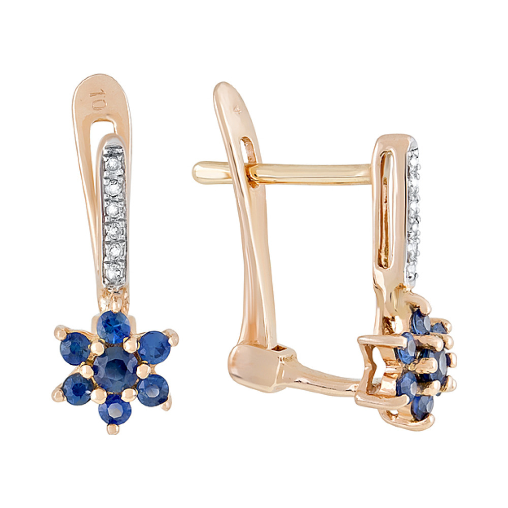 Золотые серьги с бриллиантами и сапфиром № 107079