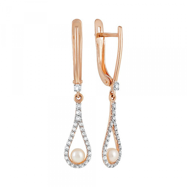 Золотые серьги с жемчугом и фианитом № 137143