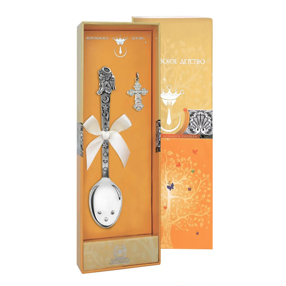 Набор Крестильный DODO Ангел: крестик и ложка с чернением из серебра 925 пробы