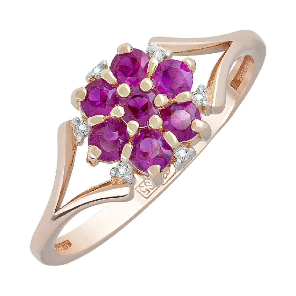 Золотое кольцо с бриллиантом и рубином № 119107