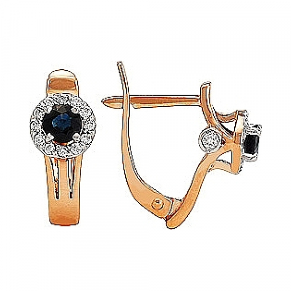 Золотые серьги с бриллиантом и сапфиром № 82047