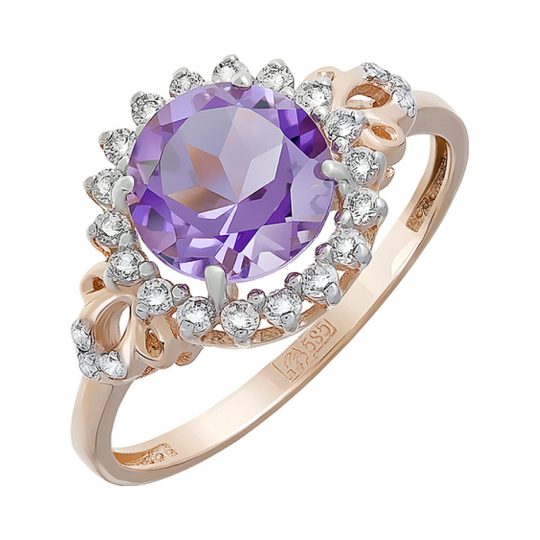 Золотое кольцо с аметистом и фианитом № 124608