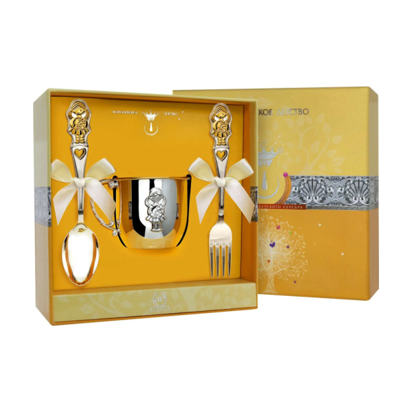 Набор детский КД Девочка: вилка, кружка, ложка с позолотой из серебра 925 пробы