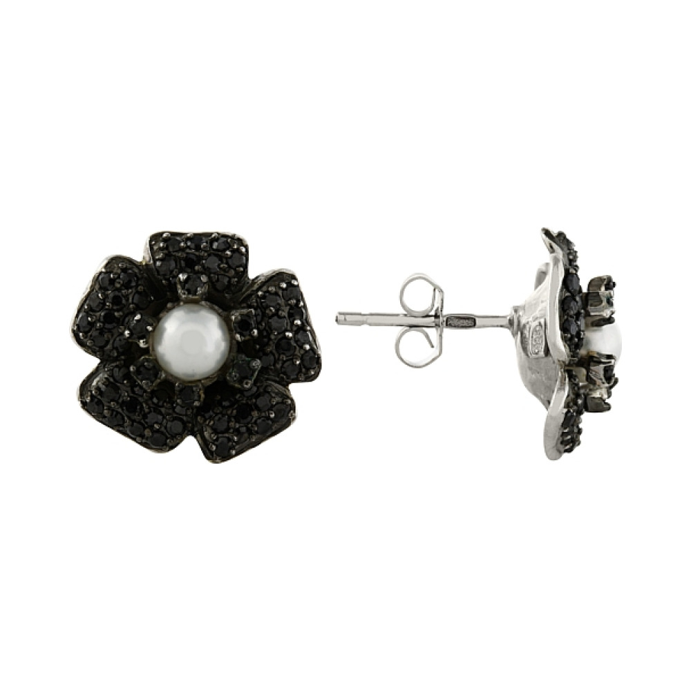 Серебряные серьги с имитац. жемчуга и фианитом № 82551