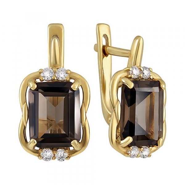 Серебряные серьги с раухтопазом, фианитом и золотым покрытием № 132636