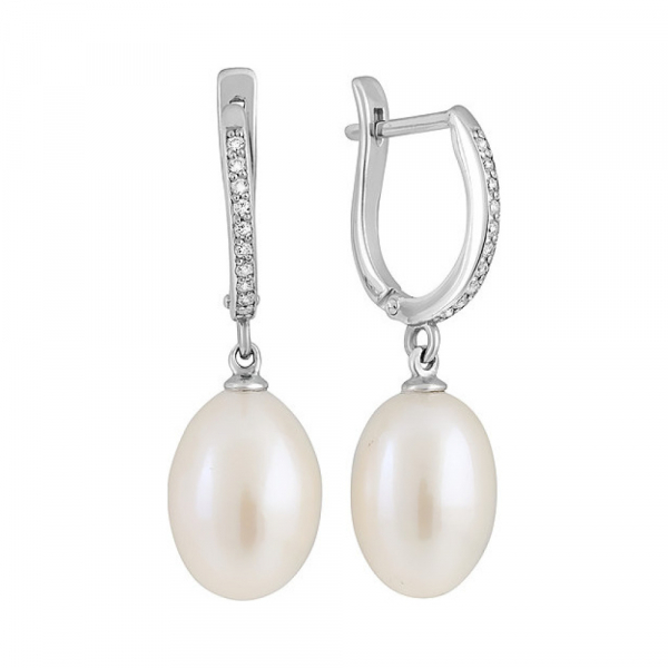 Серебряные серьги с жемчугом и фианитом № 131575