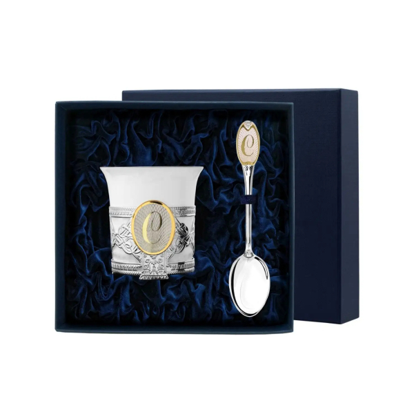 Набор кофейная чашка Август Октавиан: ложка с буквой С, чашка из серебра 925 пробы