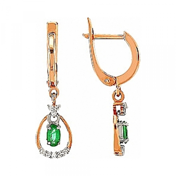 Золотые серьги с бриллиантом и изумрудом № 95850