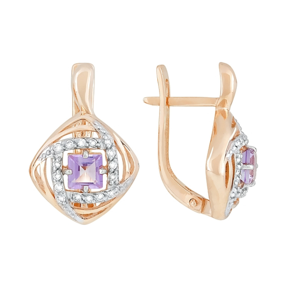 Золотые серьги с аметистом и фианитом № 117893