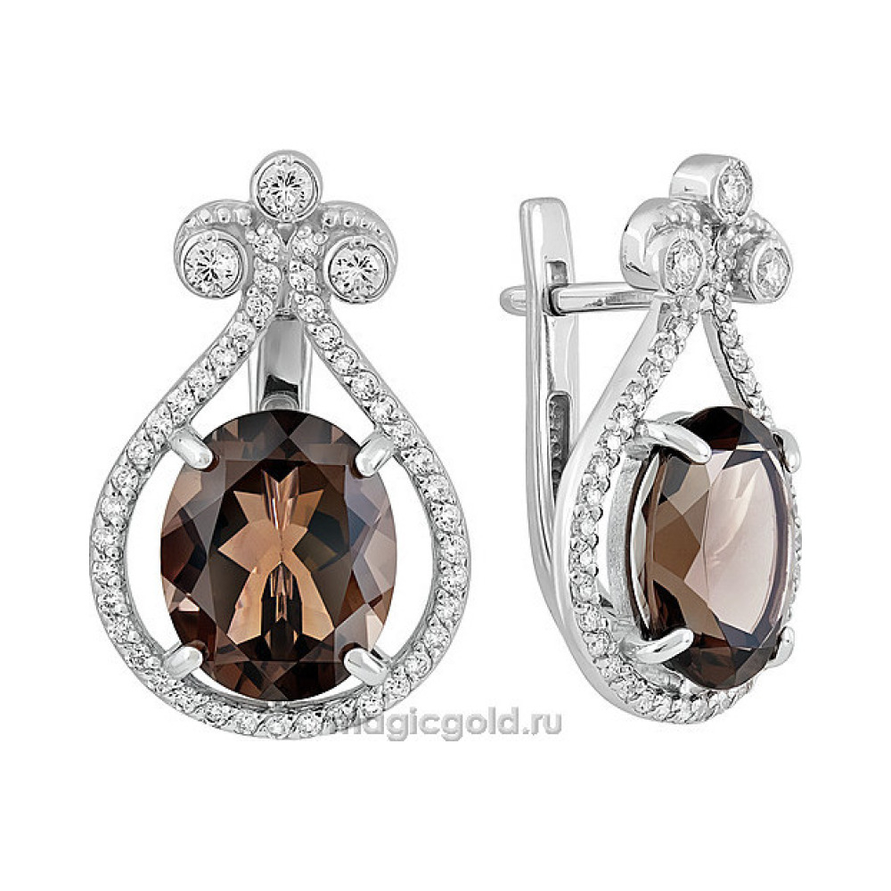 Серебряные серьги с раухтопазом и фианитом № 132237